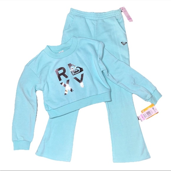 Roxy Other - Roxy Teal Blue Silver Sweat Shirt Pull On Bell Pants Set Pullover Girls 6 NWT